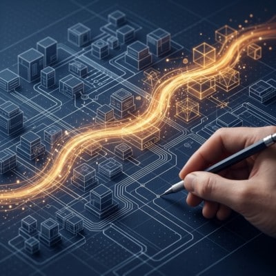 Software design principles shown as a system blueprint with AI-assisted modules and human oversight