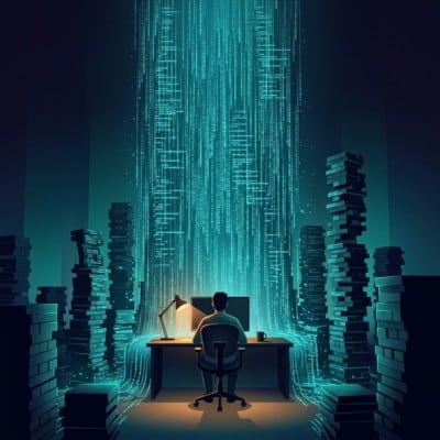 Developer overwhelmed by fast AI-generated code, illustrating cognitive debt in software development