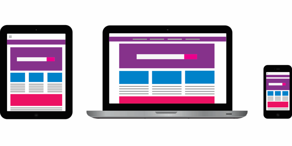  Responsive web design shown across a laptop, tablet, and phone, illustrating multi-device compatibility.