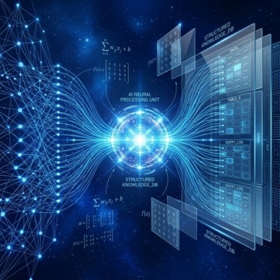 Abstract neural network connecting vector database points to web application algorithms.