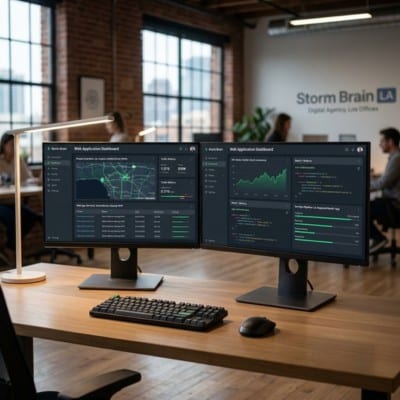 Clean developer workstation featuring modern dark mode web application dashboards.