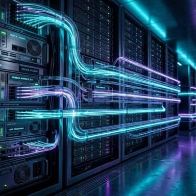 Futuristic high-speed data streams representing persistent application server performance.